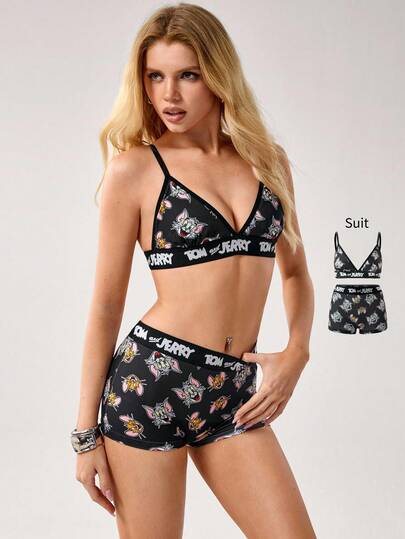 TOM & JERRY X SHEIN Women's Comfortable Soft All-Over Letter Print Bra And Panty Set