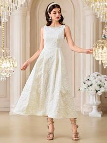 Modelyn Women's Elegant Party Banquet Jacquard Faux Pearl Decor Sleeveless Waist Fitted Dress - Apricot - View 6