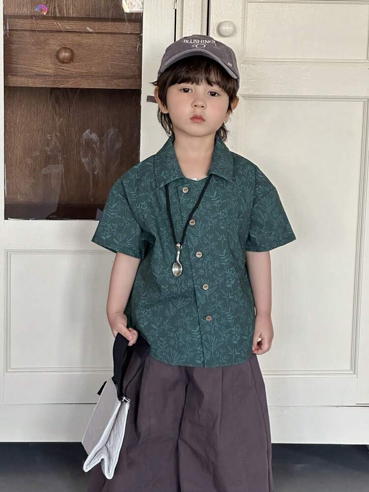 Young Boy Green Front Button Casual Versatile Short Sleeve Shirt Summer Easter