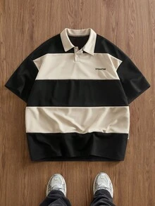 EASEVO 男士大尺碼休閒寬鬆短袖 Polo 衫，撞色拼接領口設計，度假風，父親節禮物，足球風格 - 彩色 - 查看 2