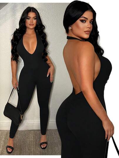 SHEIN SXY Macacão plus size sexy com decote halter e costas nuas