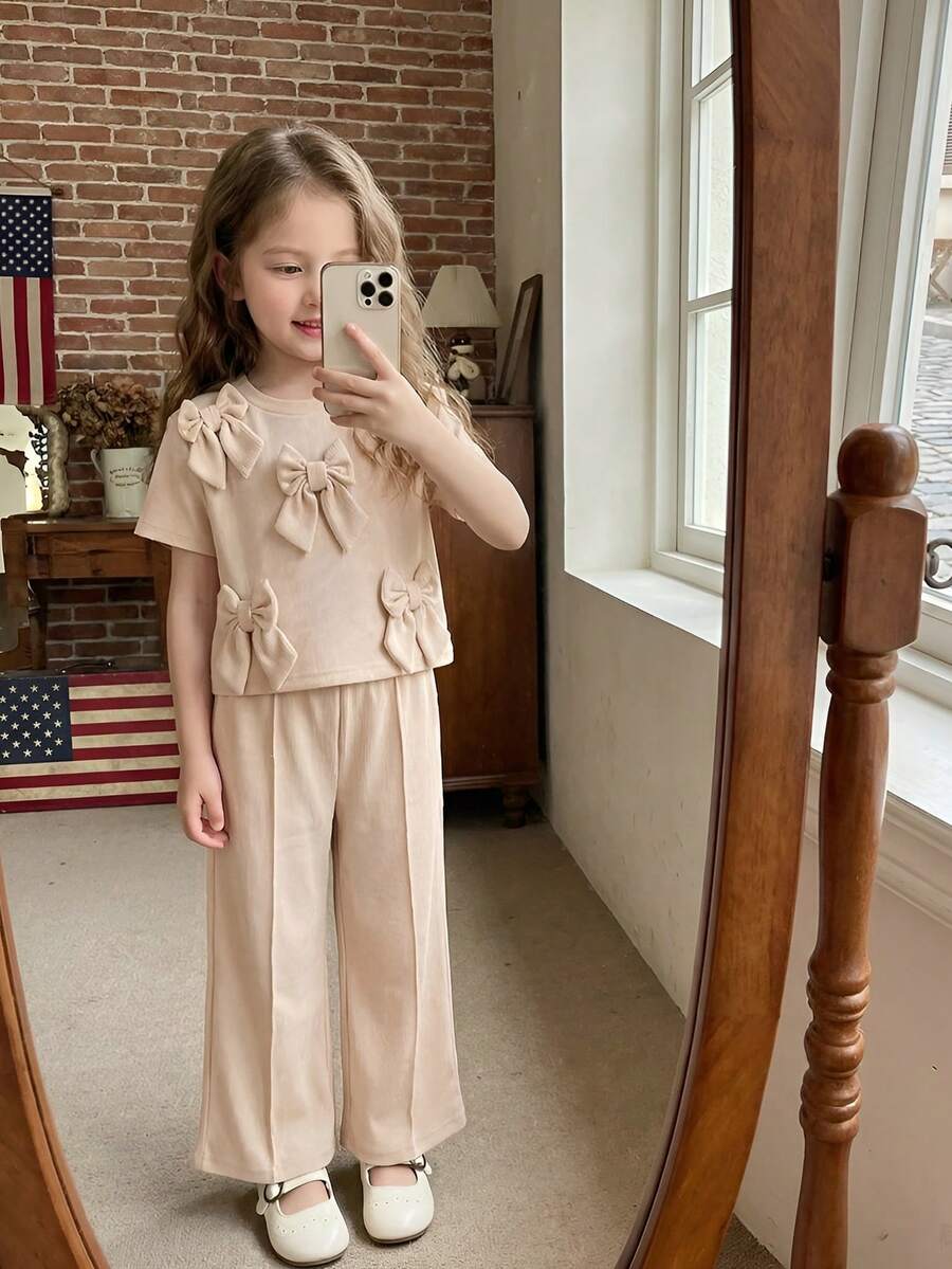 2件套女童（小号）杏色罗纹短袖蝴蝶结圆领T恤和直筒裤，休闲夏季儿童套装 - 杏色 - 查看 1