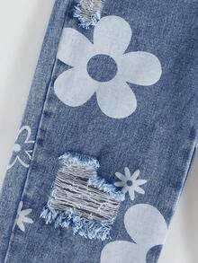 Genkimix Kids 女童休闲牛仔裤，春秋/秋冬款，浅蓝色牛仔布，花卉印花，做旧破洞设计，宽松直筒裤型，面料柔软舒适，适合上学、通勤、日常穿着。 - 淺色水洗藍 - 查看 6