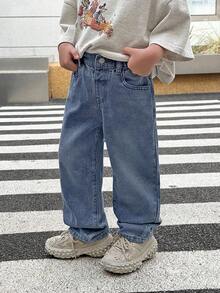 SHEIN Young Boy Casual Everyday Washed Slant Pocket Straight Leg Jeans - Medium Wash - View 7