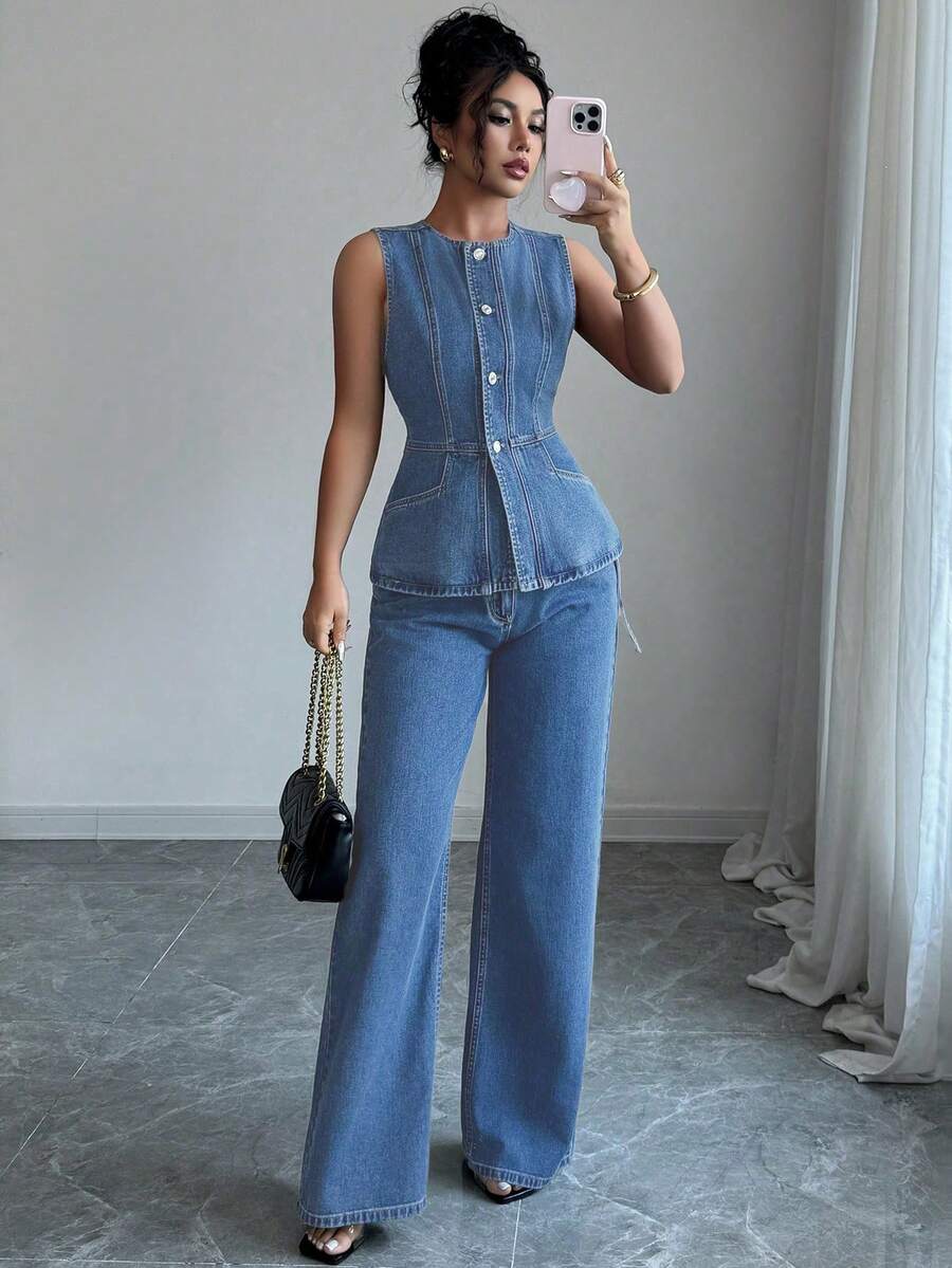 Elenzga Women's Casual Commuter Denim Vest And Pants Set Spring  Summer  Elegant - Light Wash - View 1