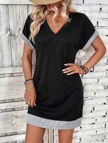 EMERY ROSE 女士休闲V领拼接短袖迷你连衣裙 - 彩色 - 查看 3