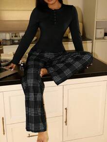 女士复古休闲INS格子印花舒适纽扣睡衣套装 - 黑色 - 查看 3