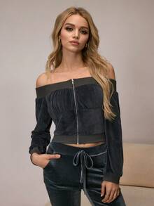 SHEIN Women's Contrast Color Off-Shoulder Long Sleeve Zipper Front Loungewear Top - Grey - View 3