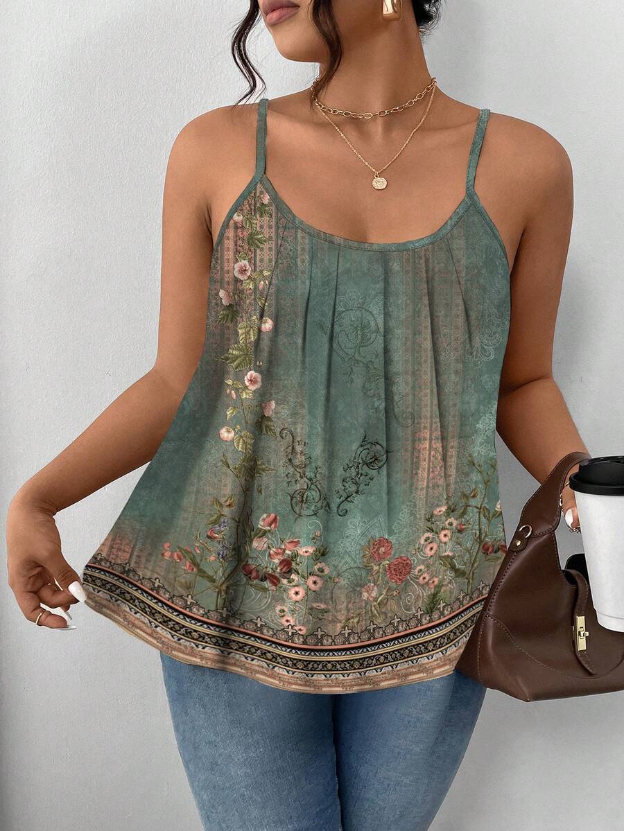 SHEIN Frenchy Plus Size Elegant Casual Camisole, Suitable For Summer Spring - Green - View 1