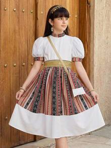 SHEIN Tween Girl Elegant White Summer Holiday Dress, Stand Collar Color Block Print Patchwork Puffy Short Sleeve A-Line Tween Girl Striped Dress For Spring - White - View 2