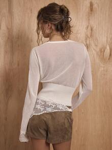 MUSERA V Neck Lace Trim Cinched Waist Button Through Cardigan Winter NewYear Cute Sexy Going Out Evening Party Accented Valentines Day - Cream - View 4