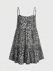 Solavibe Plus Size Leopard Print Casual Sleeveless Dress For Women, Summer/Autumn - Dark Grey - View 9