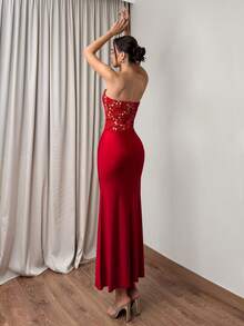 Firerie Đầm dạ hội dáng ôm màu đỏ tía, không dây vai, đuôi cá, thanh lịch, tinh tế, lãng mạn, sang trọng dành cho nữ, chất liệu ren khoét rỗng, satin phối nhiều mảnh, thích hợp cho ngày Valentine, hẹn hò, tiệc tùng, đám cưới, dự tiệc, kỳ nghỉ. - Màu Đỏ Sâu - Xem 6