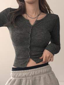 DAZY 女士纯色单排扣罗纹长袖短款T恤 - 灰色 - 查看 5