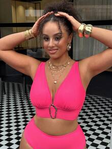 Swim Vcay Plus Size Solid Color Metal Decor Women Swimwear Top - Pink - View 6