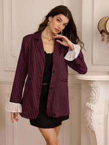 Modelyn Women's Casual & Commuting High-Sense Striped Patchwork Flare Sleeve Loose Blazer - Red Violet - View 6