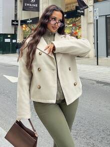 NegzBox Apricot Double-Sided Notched Collar, Double-Breasted Button, Pocket Long Sleeve Short Coat, Fashionable For Commuting, Office, Casual, Elegant Retro Style, Suitable For Autumn/Winter - Apricot - View 6
