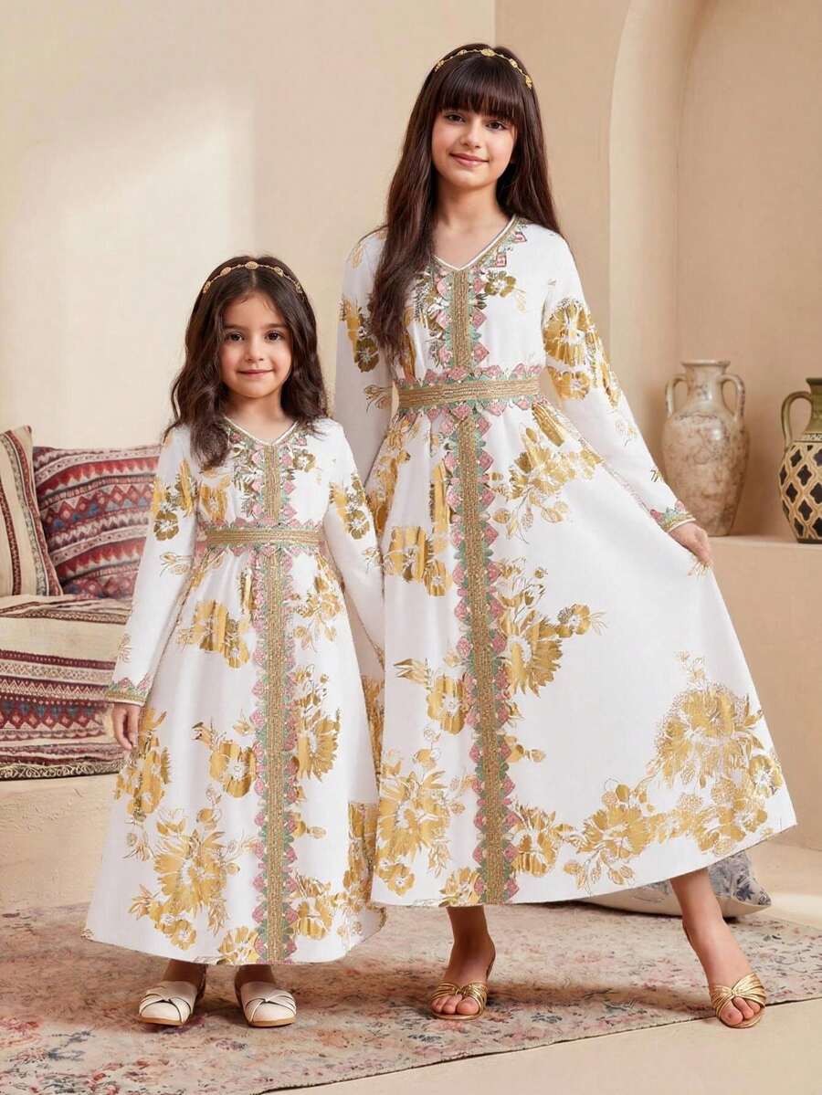 Đầm tay rộng cổ chữ V thanh lịch với họa tiết hoa thêu vàng, thích hợp cho bé gái vào mùa xuân/hè. - trắng - Xem 1