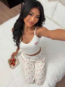 SHEIN Women's Sleepwear Set With Embroidered Heart, Ribbed Camisole And Shorts With Bow Accent