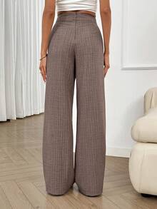 Easowa 女士褶裥腰带蝴蝶结阔腿直筒裤，特殊纹理面料，休闲轻松优雅的办公穿着，春夏款 - 咖啡棕 - 查看 2