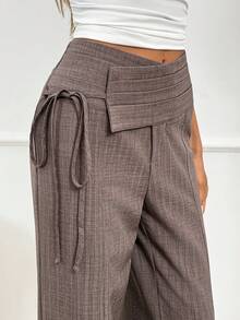 Easowa 女士褶裥腰带蝴蝶结阔腿直筒裤，特殊纹理面料，休闲轻松优雅的办公穿着，春夏款 - 咖啡棕 - 查看 6