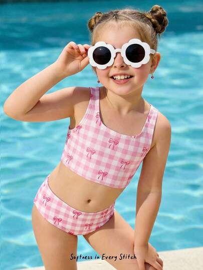 SHEIN Young Girls' Sweet Bow Plaid Pattern Casual Camisole & Briefs Swimsuit Set, Suitable For Summer Vacation, Hot Spring, Beach, Beachwear