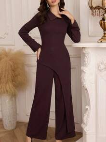 Modelyn Women's Daily Commute Oblique Collar Asymmetric Design Top And High Waist Wide Leg Pants 2 Pieces Set - Brown - View 6