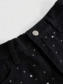 SHEIN Girlism Tween Girl Spring Summer Break Trending Rhinestone Bling Embellished High Waist Denim Shorts With Raw Hem, Stylish Casual Jeans Shorts, Tween Girl Beach Boho Holiday Concert Raves Festival - Black - View 4