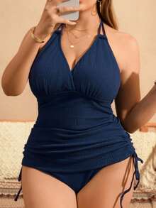Swim Lushoire Plus Size Halter Neck Tankini Set With Drawstring Design, Casual Beach Holiday - Navy Blue - View 1