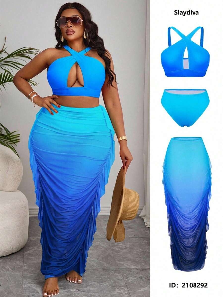 Slaydiva Bộ đồ bơi ombre cỡ lớn - Màu xanh lam - Xem 1