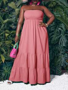 Slaydiva Slayr Vacation Casual Solid Green Woven Tube Top Plus Size Summer Dress For Women Vacation Maxi Dress Long Dress Summer Layered Maxi Dress Pink Dress Plus Size Dress Strapless Dress Women's Dresses - 粉色 - 查看 6