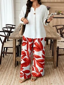 EMERY ROSE Bộ 2 món dành cho nữ cỡ lớn, kiểu dáng thường ngày, gồm áo cổ chữ V, vai rớt và quần ống rộng in hoa. - Nhiều màu - Xem 3