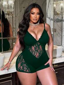 NU&NOW Plus Size Solid Color Spaghetti Strap Lace Patchwork Jumpsuit - Green - View 3
