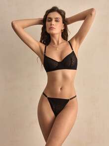 Charlaine 两件套内衣套装，带钢圈、提拉聚拢、网纱拼接、豹纹印花、薄纱，现代法式风格，优雅浪漫女士文胸+内裤 - 黑色 - 查看 4