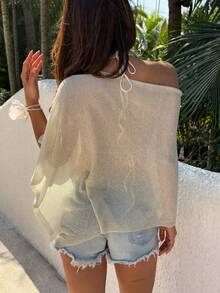 Sunnyshic Women's Casual Vacation Island Beach Loose Knit Shawl Cover Up, Spring/Summer - Beige - View 2