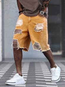 Manfinity Roughcore Men's Solid Color Distressed Frayed Hem Loose Fit Denim Shorts, Summer Men's Ripped Denim Shorts - Brown - View 8