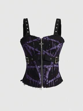 Gothic Pentagram Fluid Print Metal Rivet Eyelet Design Skinny Denim Vest