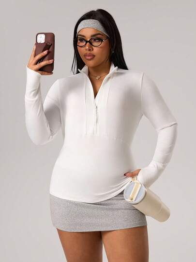 Rhythm Era Plus Size Casual White Zip-Up Stand Collar Thumb Hole Slim Fit Sweatshirt