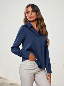 Aveloria Modichic Solid Color Button Down Long Sleeve Shirt Holiday Party Clothes Button Up Shirt Women  - Navy Blue - View 4