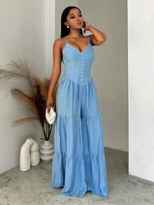 SHEIN BamGlam 2026新款春夏度假风休闲优雅吊带连体裤，正面纽扣装饰，收腰阔腿宽松设计，女士款 - 藍色 - 查看 8