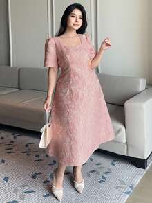 Dazy Plus Vestido de fiesta elegante de cuello cuadrado para mujer de talla grande, de manga corta, color rosa, vestido de verano de primavera/verano - Rosa - Ver 6