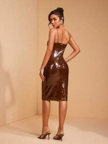 JIAN LASALA Solid Brown Sequin Spaghetti Strap Sleeveless Bodycon Women Midi Dress - Brown - View 2