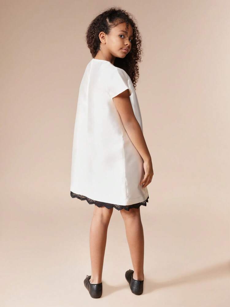 Satin Cap Sleeve Dress With Lace Trim