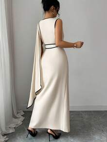 Elenzga Đầm ôm sát không tay, vạt bất đối xứng, thắt eo, phối màu tương phản, thiết kế tinh tế phù hợp cho công sở và phong cách cổ điển thời thượng, thích hợp cho mùa xuân/hè. - Màu be - Xem 2