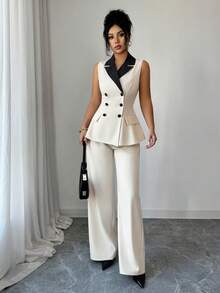 Elenzga Women's Elegant Commuter Elegant Sleeveless Contrast Color Waist A-Line Pants Suit, Suitable For Daily Wear, Work Commute And More Occasions, Spring/Autumn - Apricot - View 5