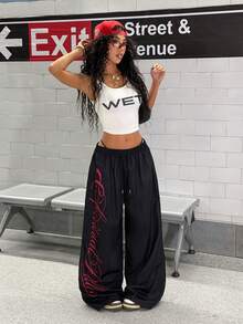 StreetHx 女士时尚黑色休闲运动印花裤 - 黑色 - 查看 3