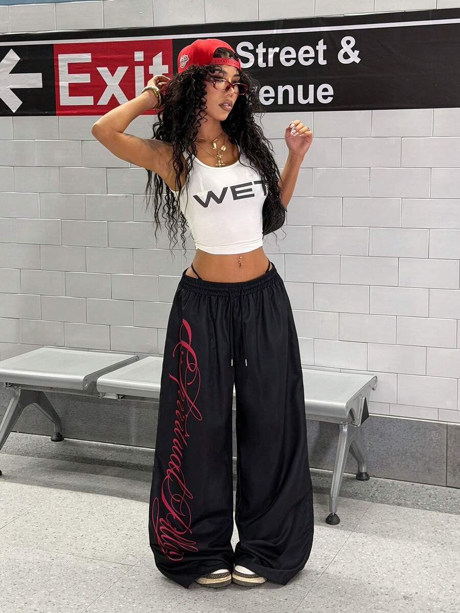 StreetHx 女士时尚黑色休闲运动印花裤 - 黑色 - 查看 1