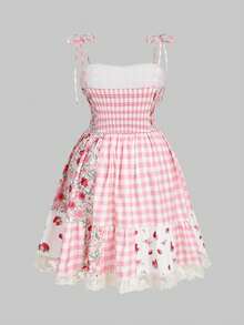 Sweetness Đầm ngắn cạp cao kiểu đồng quê dễ thương dành cho nữ, họa tiết dâu tây kẻ caro, thích hợp cho kỳ nghỉ xuân/hè. - Hồng - Xem 2