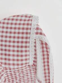 Elamini 女士甜美可爱乡村度假格子印花蕾丝边系带露肩娃娃衫，夏季 - 粉色 - 查看 4