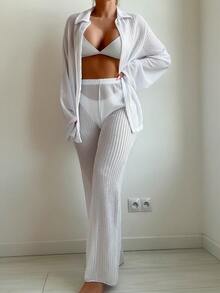 Swim Lushoire Summer Beach 2pcs/Set Solid Color Long Sleeve Top, Long Pants Cover Up Set - White - View 6